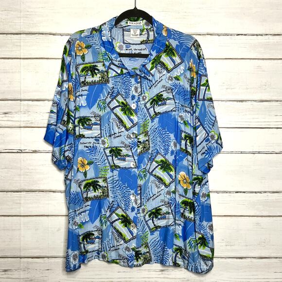 Paradiso Postcards Hawaiian Shirt Blue Embellished Plus Size 3X - Picture 1 of 9